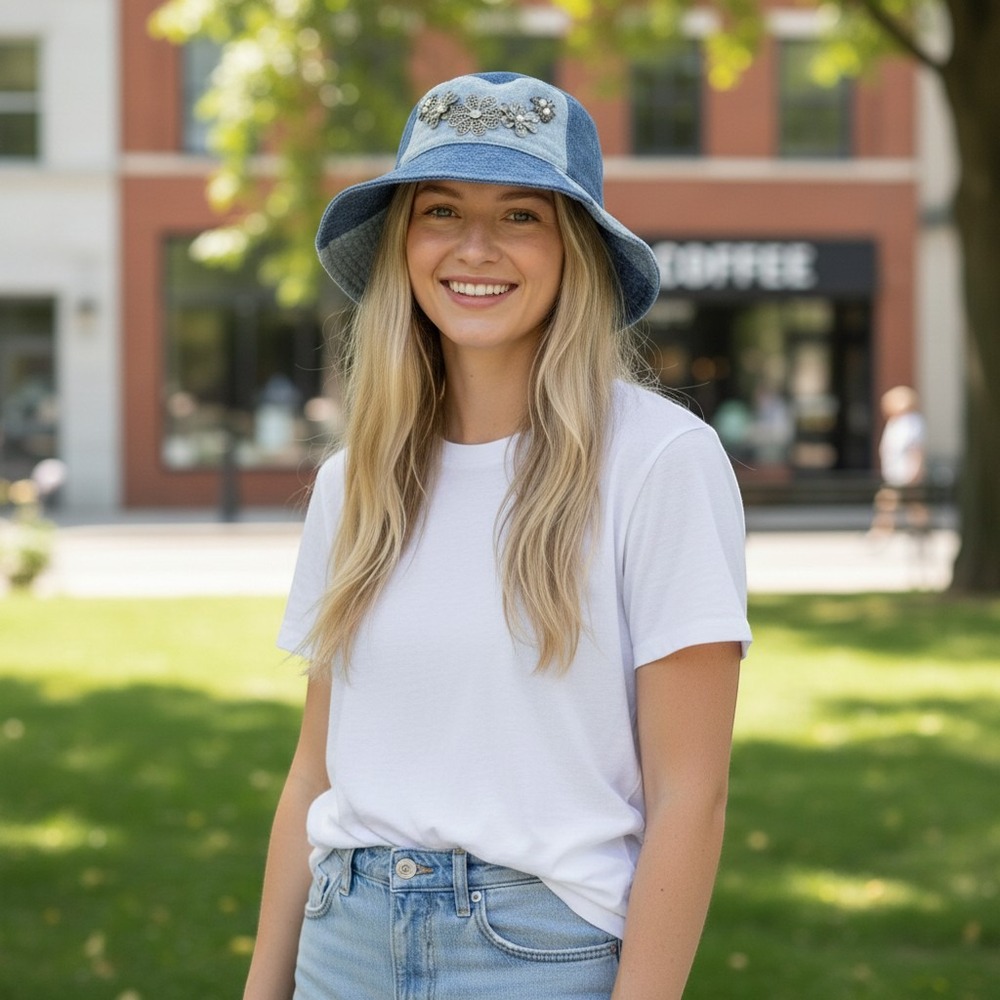 Universal Thread Blue Denim Patchwork Bucket Sun‎ Hat Women's One Size